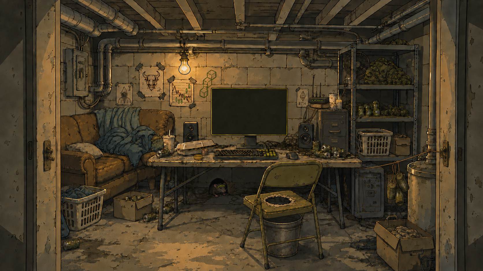 The basement: a door on the left, battered computer desk, and a rat hiding beneath it