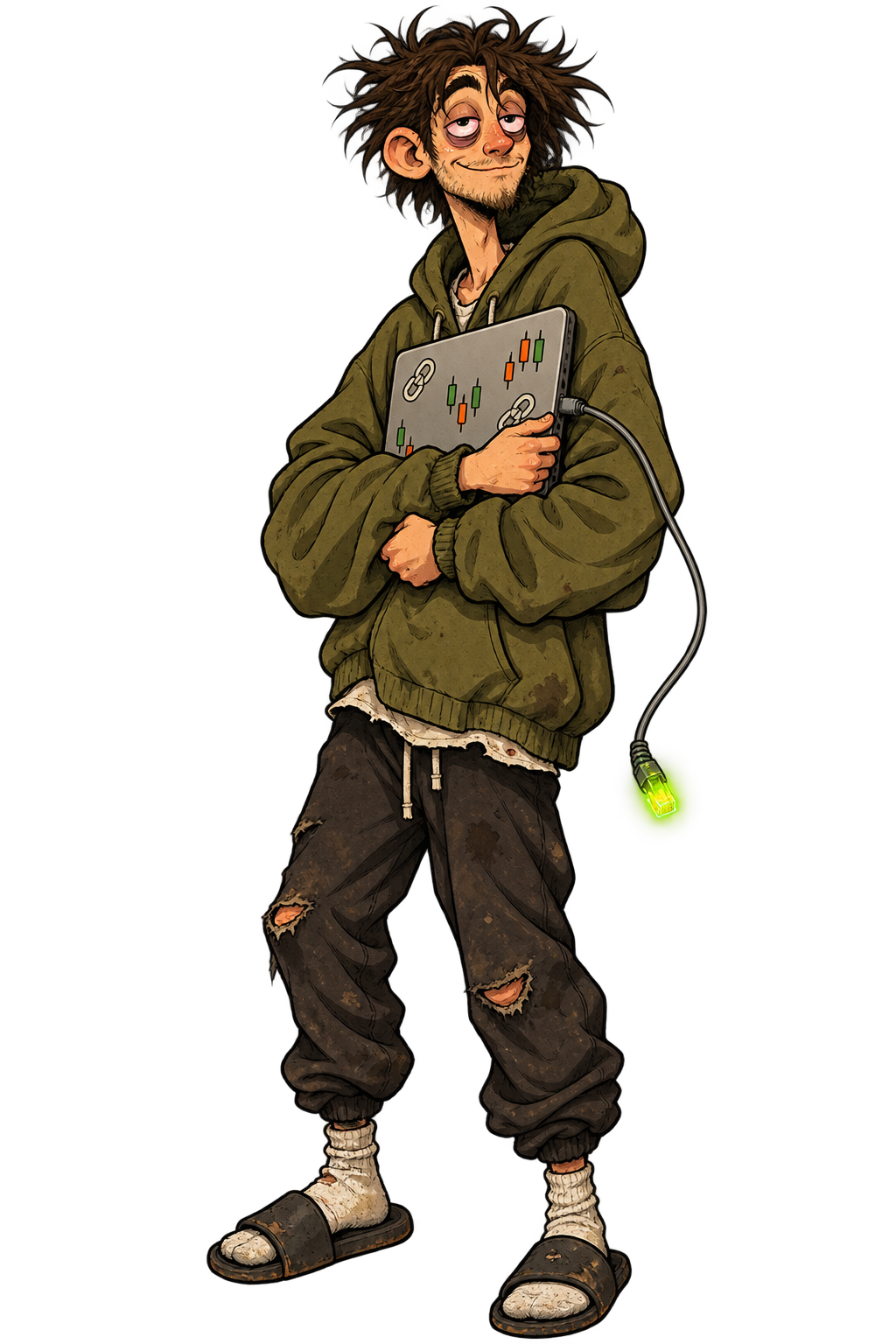 The Dweller holding a sticker-covered laptop